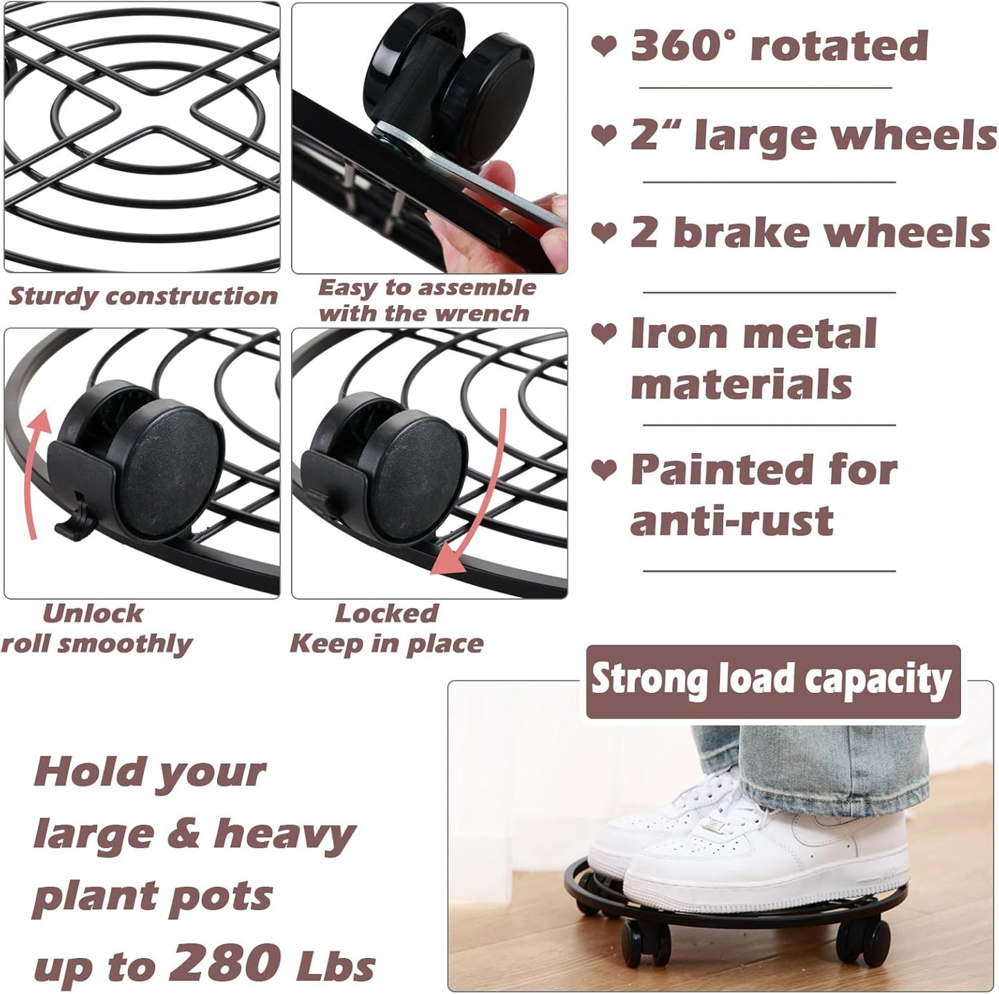 lucpur 12" 3 Packs Metal Plant Caddy with Wheels Large Rolling Plant Stands Indoor Wheeled Plant Dolly Heavy-duty