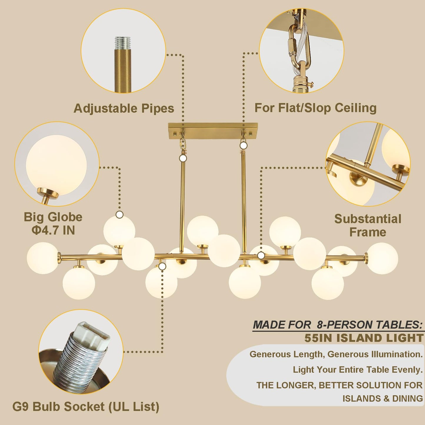 DUGHKUGH Mid Century Modern Chandelier 55in Linear Gold Pendant Lighting Fixture Linear Chandeliers for Kitchen Island, Dining Room 16-Light