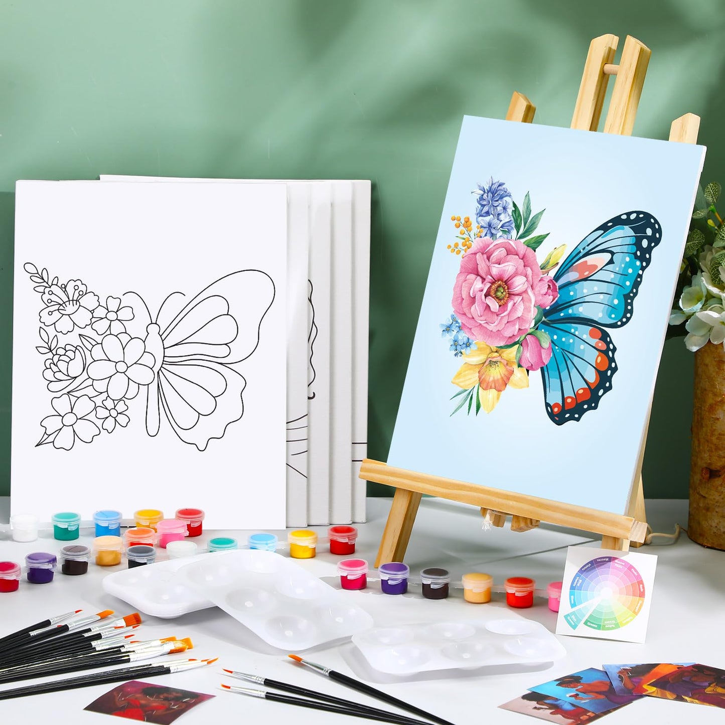 Dinifee 6 Pack Pre Drawn Canvas for Painting Pre Printed Canvas Kit 8 x 10 Inch Stretched Cotton Paint and Sip Set for Adults Couple Party Valentine Date Night(Butterfly)