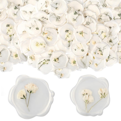 Qilery 100 Pcs Wax Seal Stickers Babys Breath Dried Floral Envelopes Seals Stickers Bulk for Wedding Invitation Bridal Shower Birthday Party Letter Greeting Cards Gift Wrapping, Self Adhesive (White)