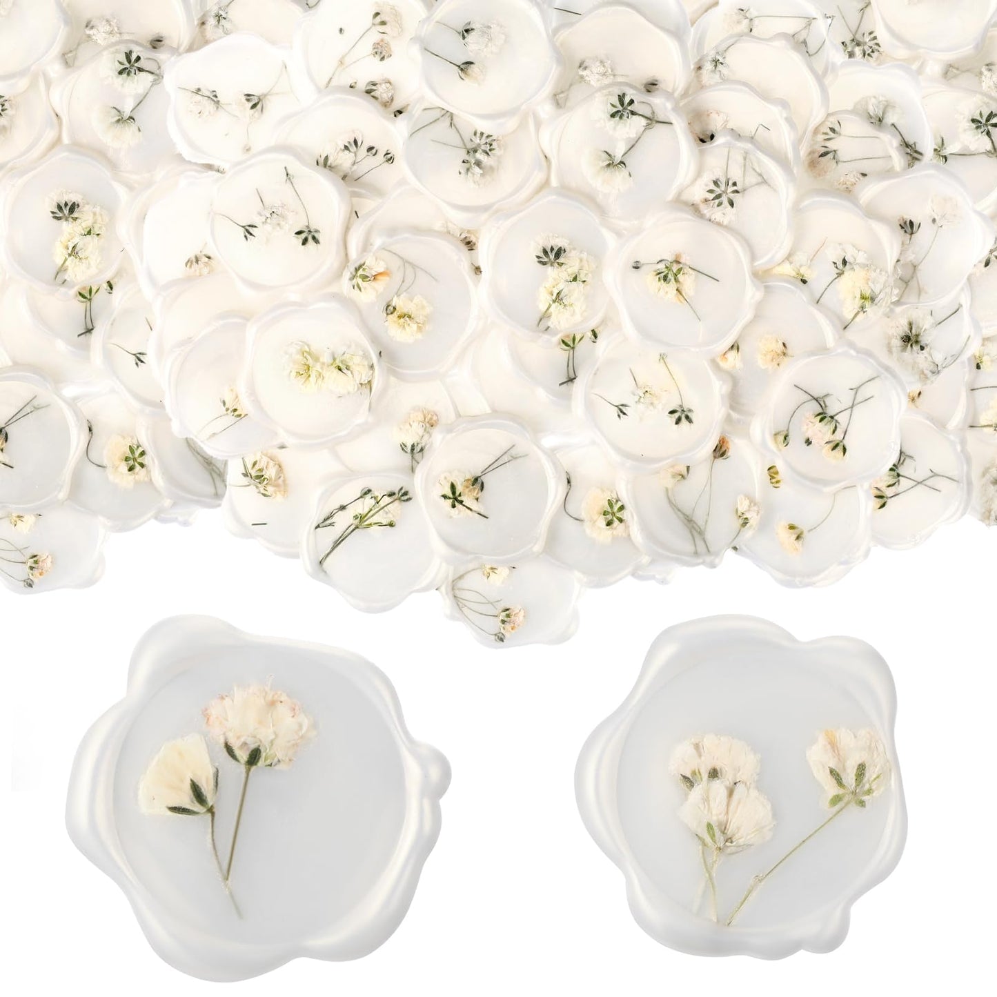 Qilery 50 Pcs Wax Seal Stickers Babys Breath Dried Floral Envelopes Seals Stickers Bulk for Wedding Invitation Bridal Shower Birthday Party Letter Greeting Cards Gift Wrapping, Self Adhesive (White)