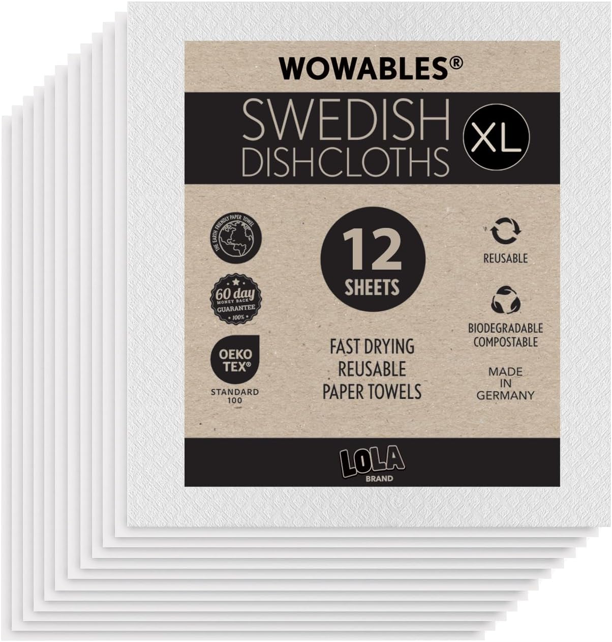 12 11" 10", Swedish Dishcloths for Kitchen XL, Sheet Roll, Biodegradable & Compostable, Reusable Paper Towel Cleaning