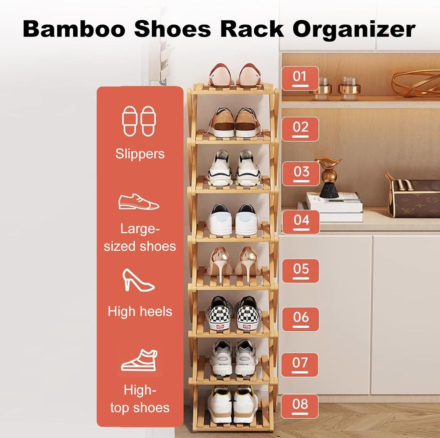 3 Closet Tier Natural Bamboo Shoe Rack,Foldable Space Saving Shoe Storage Organizer,Easy Assembly & Strong Design Shoes