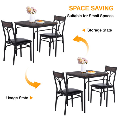 VECELO 3 Piece Dining Table Set for 2, Kitchen Table Set with 2 Chairs for Small Space, Space-Saving and Modern Design, Apartment, Easy to Assemble,Classic Brown