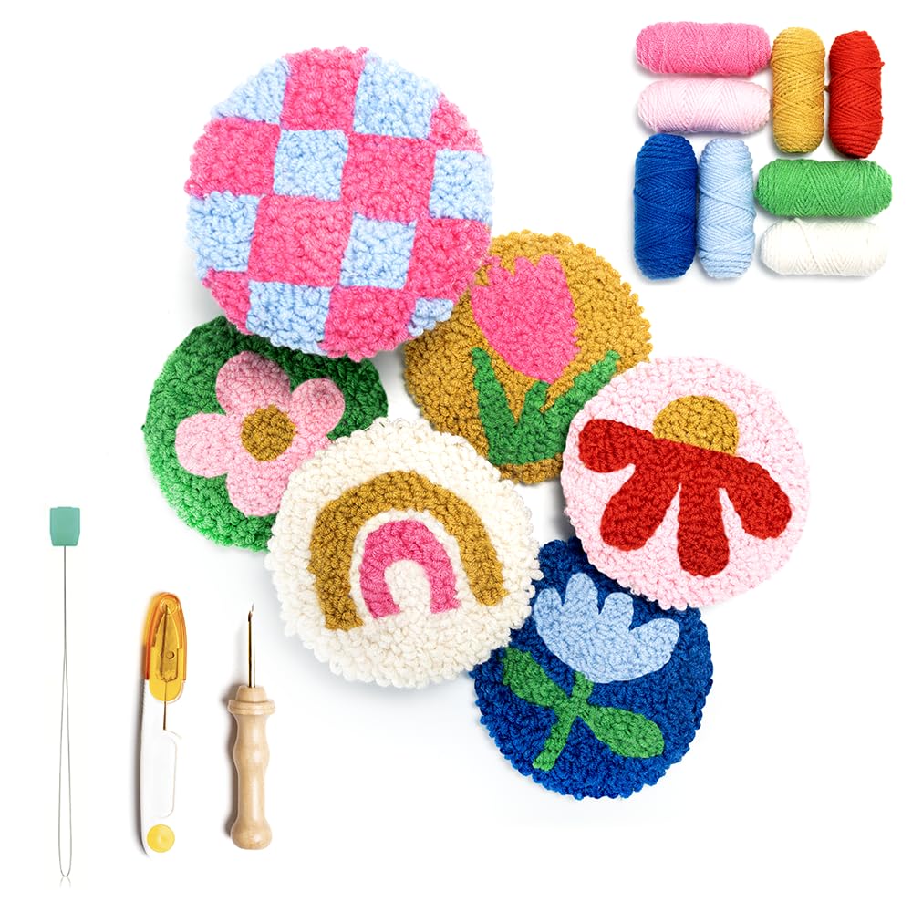 SPINNY Punch Needle Kit, Set of 6 Coasters, Includes Beginner Video Tutorials and Instructions, Beginner Punch Stitch for Adults, Mug Rug Punch Needle Kit,