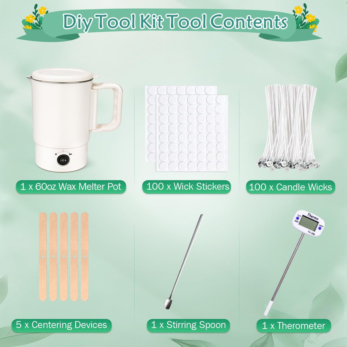 Wax Melter Kit for Candle Making, 1.8L 60OZ Large Candle Melting Pot, DIY Candle Making Supplies for Woman, Included Candle Wicks, Wick Stickers, Centering Device, Stirring Spoon, Mothers Day Gifts