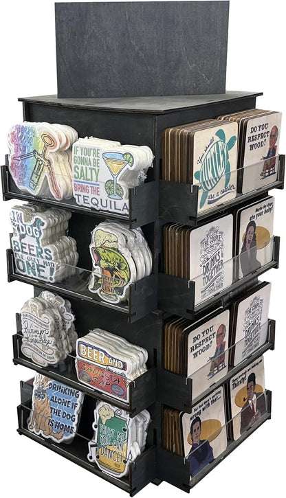 4-Sided Rotating Display Stand - Craft Shows, Trade Shows, Markets - Small & Medium-Sized Items like Stickers, Postcards, Coasters, Note Pads, Napkins - Heavy-Duty, Easy to Assemble (Black)…