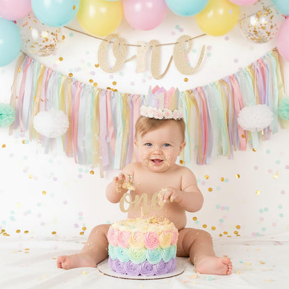 1st Set PapaKit Girls Birthday High Chair Premium Decoration - Pastel Rainbow Ribbon Garland, Crown, One Banner & Cake
