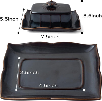 Countertop, 7.5 Inch Butter Dish with Lid for Large Ceramics Butter Dish Container, Butter Holder with Handle, Black