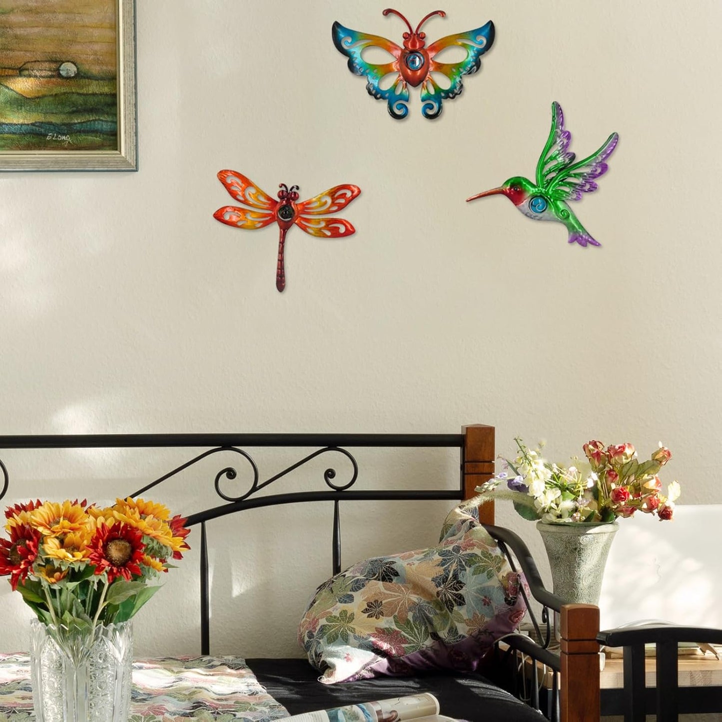 Yonivexis Hummingbird Butterfly Dragonfly Metal Wall Art Decor, Outdoor Hanging Decorations for Garden, Living Room,