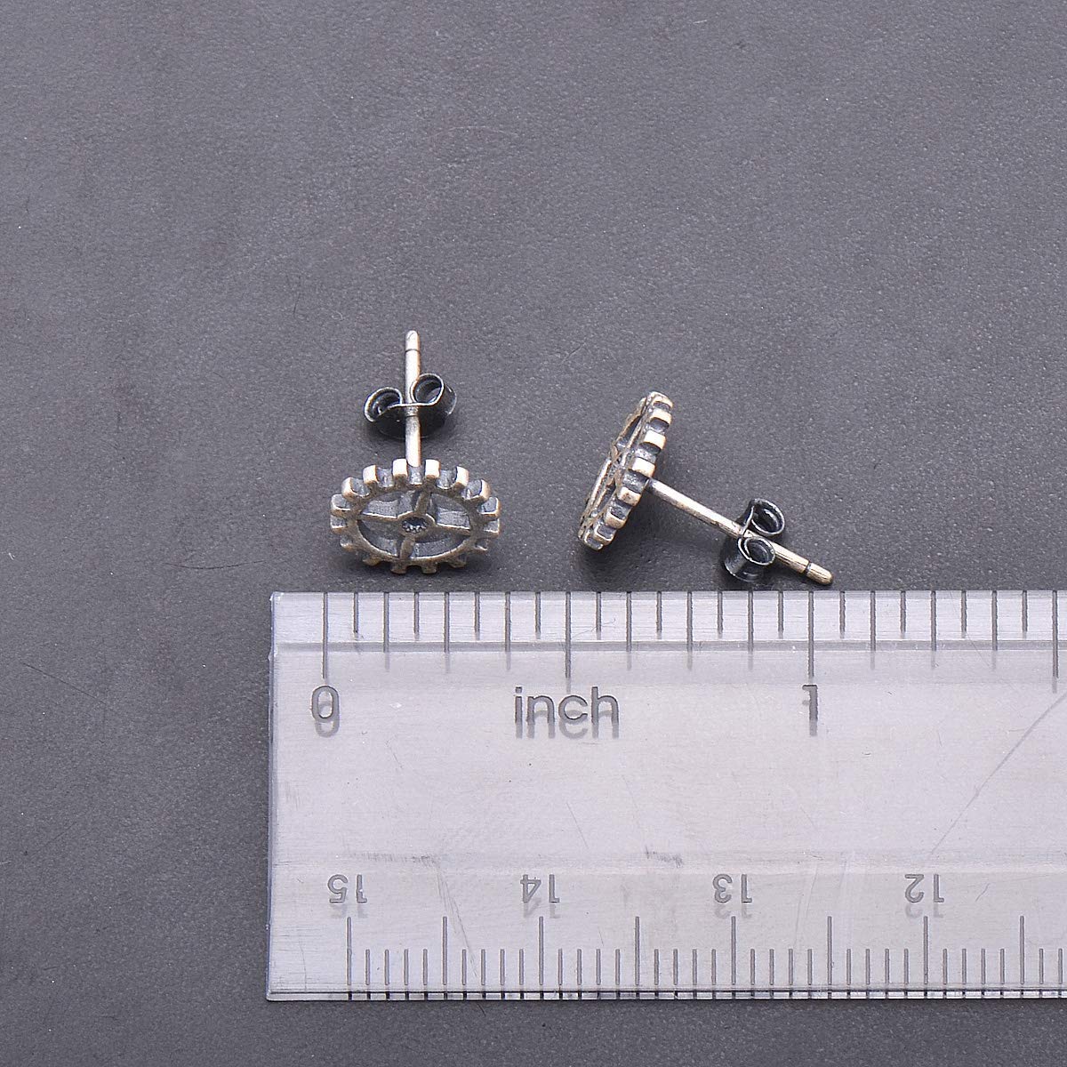 925 Sterling Silver 9MM Steampunk Gear Earrings Studs, Antiqued Finish
