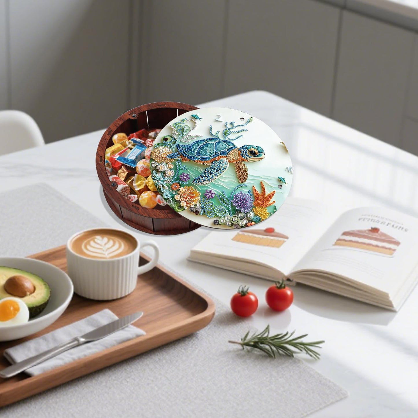 JZHYOAN Sea Turtle Diamond Art Snack Box with Lid for Home DIY Animal Diamond Painting Wooden Container Holder Gem Art Holder Box for Family Table Movie Snack Tray Organizer Storage Decor Craft