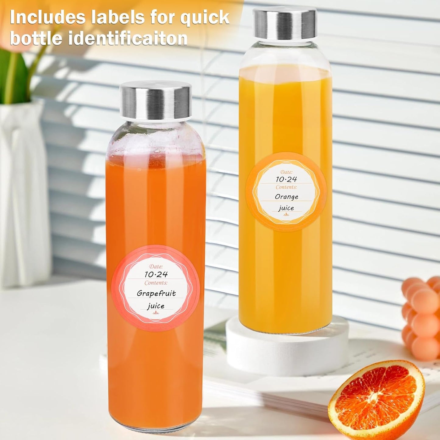 18 oz (6-Pack, PROBTTL Glass Juice Bottles with Lids Refillable Clear Glass Water Bottles with Stainless Steel Airtight