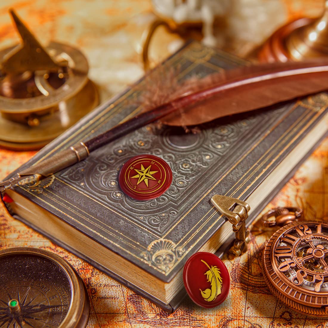 Wax Seal Stamp Kit, 6 pcs Brass Head Wax Stamp & 1 Wooden Handle, 6 Designs (Anchor, Feather, Fleur-de-lis,Compass, with Love, Rose Flower)
