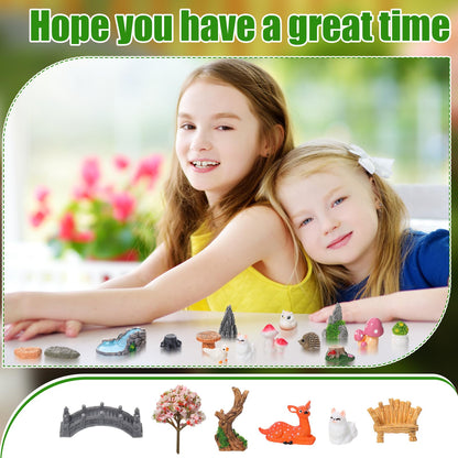 GGSTDDUP 65 Pcs Fairy Garden Accessories Mini Resin Animals Figures Miniature Table and Chairs Bridge Mushroom Pond Fence Moss Bonsai Landscape Ornaments Kit for Garden DIY Craft