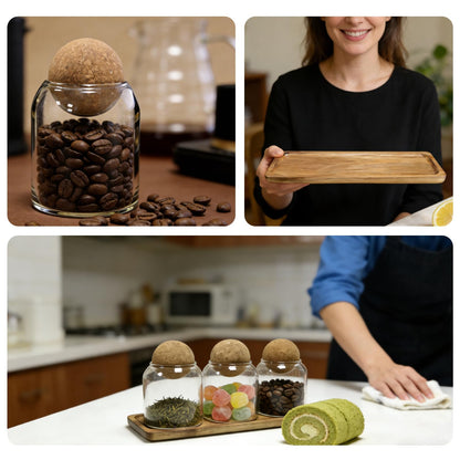 DZHPSRSZ 3 Pack Small Glass Jars with Cork Lids, Small Glass Containers with Lids & Acacia Tray, 17oz Coffee Bar Containers for Sugar Candy Tea, Bathroom Qtip Cotton Ball Holder Apothecary Jars