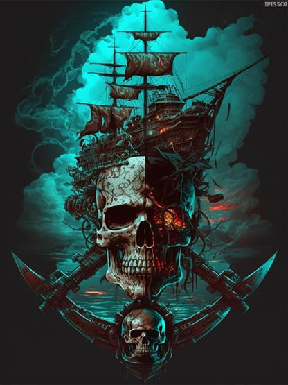 IPISSOI Diamond Painting Kits for Adults, Pirate Ship 5D DIY Diamond Art Kits Full Drill Diamond for Gift Wall Decor Gem Arts Skull Ship 12x16inch
