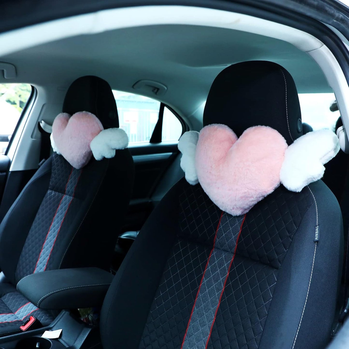 2 19.7 8.3 Inch(White, Macarrie Pcs Plush Heart Shaped Pillow with Angel Wings Car Headrest Soft Comfortable Seat