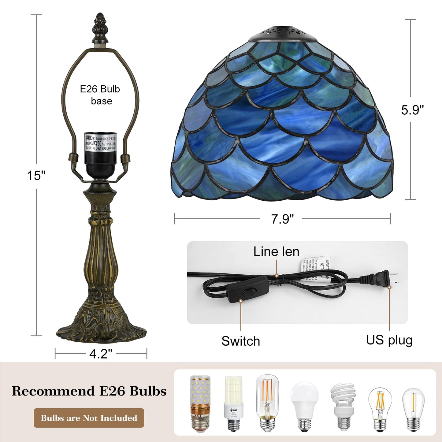 MOAN Small Lamp Stained Glass Table Lamp 8X14.5 Inch Bedside Reading Light Antique Light Desk Lamp(Green Fish Scale Style)