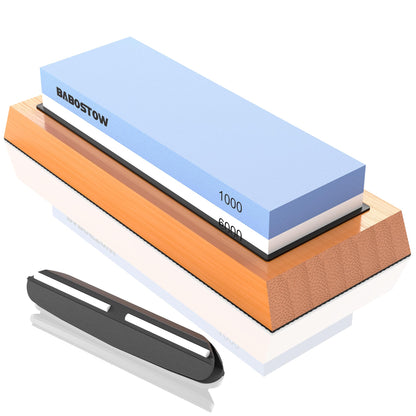 BABOSTOW Premium Whetstone Knife Sharpening Stone 2 Side Grit 1000/6000 Waterstone- Whetstone Knife Sharpener & Honing Stones - NonSlip Bamboo Base & Angle Guide