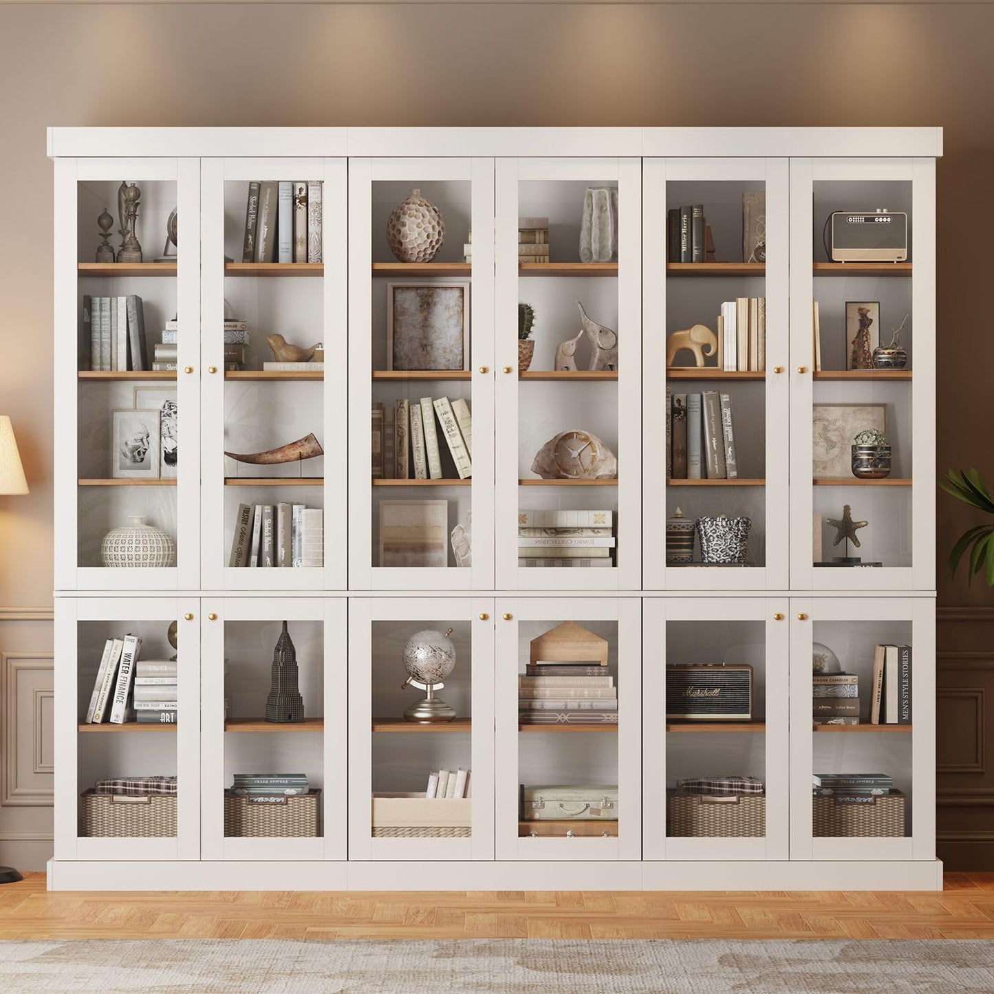 ivaniti 70.8" Bookshelf with Glass Doors, Farmhouse Modular Bookcase with 6-Tier Adjustable Shelves, Large Storage Cabinet for Living Room & Home Office, Set of 3, White