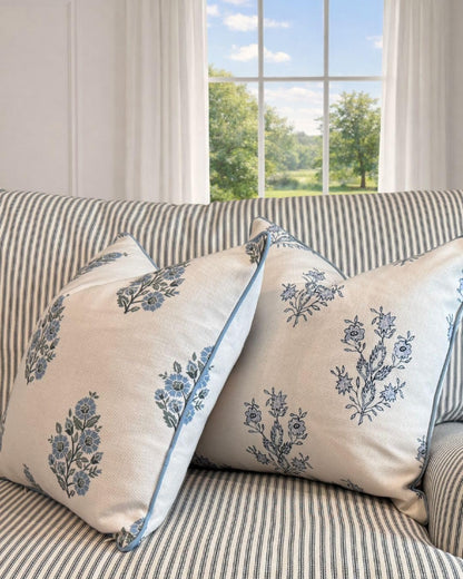 19" 19" Jillien Harbor The Mary Blue and White Decorative Throw Pillow Cover Floral Block Print Pillow Cover