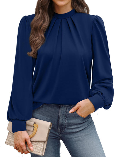 WIHOLL Long Sleeve Shirts for Women Mock Neck Tops Pleated Front Blouses Dressy Casual Fall Clothes 2025 Fashion