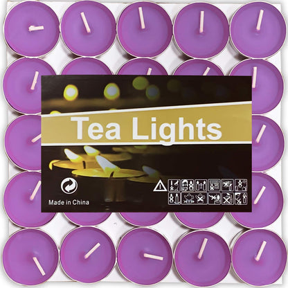 OUO Tea Lights - 50 Pack Smokeless, Dripless & Long Lasting Mini Tealight Candles for Mood, Dinners, Parties, Home Decoration, Wedding, Crafts (Purple)