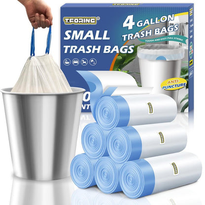 T.FORING Small Trash Bags 4 Gallon with Drawstring, 1.1 Mil 15 Liter White Thick Unscented Small Plastic Garbage Bags for Bathroom, Wastebasket Liners for Toilet Home Office and Bedroom (4 Gal-120)