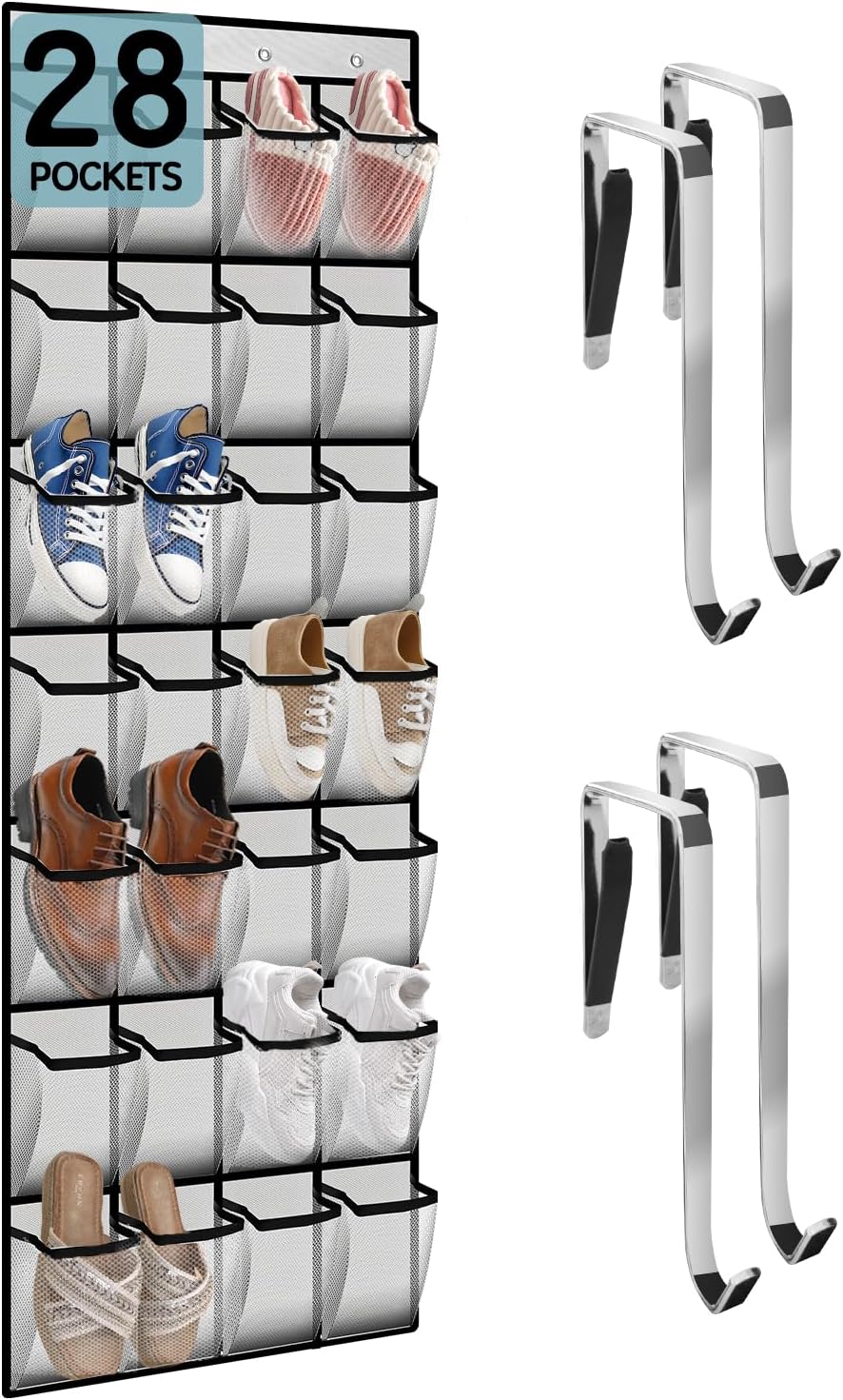 Kotkn 28 Closet Women,White-01) Compartment Over the Door Shoe Organizer, Breathable Mesh Large Shoe Rack for Storage