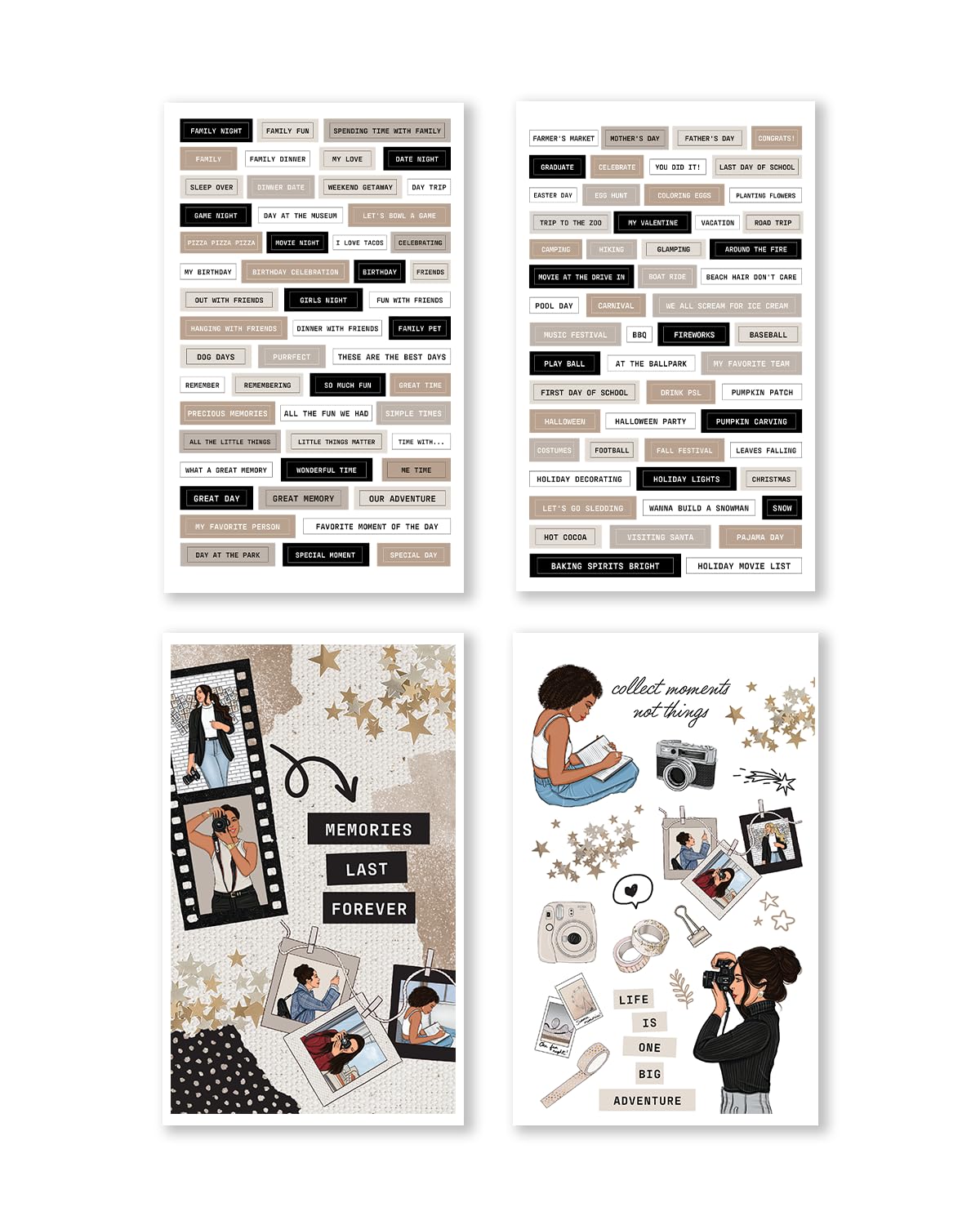 Rongrong Treasured Memory Sticker Book – 24 Pages of Vintage-Inspired Stickers for Journals, Planners & Scrapbooks – Neutral Tones, Handwritten Notes, Quotes & Photo Frame Stickers