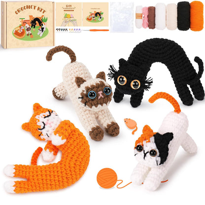 Crochet Kit for Beginners - 4 PCs Cat Crochet Kits with Step-by-Step Video Tutorials, Beginner Crochet Kit for Adults Kids, Learn to Crochet Animal Kit, Creative Crochet Gift for Cat Lovers