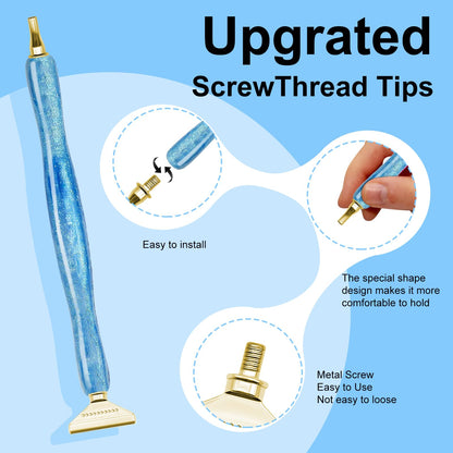 22PCS DIY Diamond Art Pen Painting Tool Set - Metal Threaded Tip Accessories Gem Resin Dotting Pen Supplies Kit (Blue Pen + 12 Tips + 9 Dotting Clay)