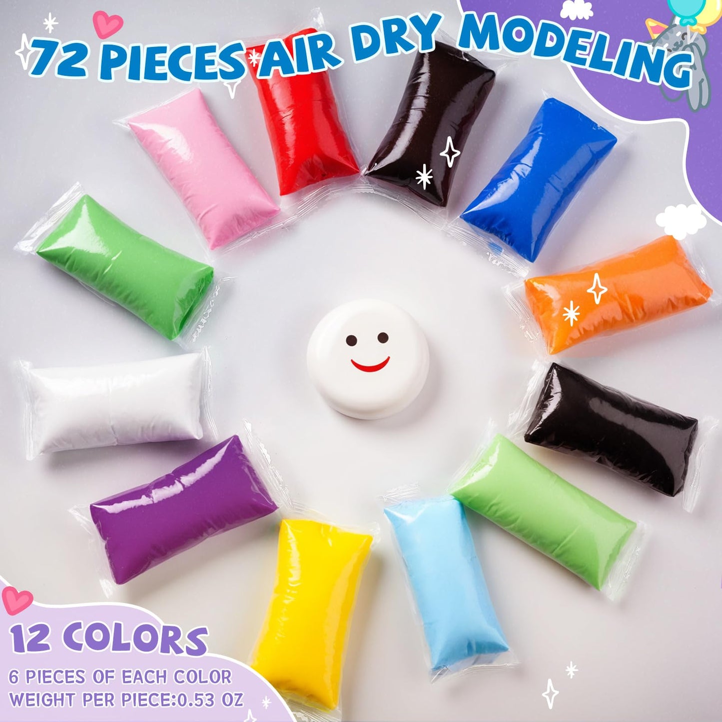 VioraWhite 72 Pcs 38oz Air Dry Clay Bulk Modeling Magic Ultra Lightweight Foam Modeling Clay for Kids Adults DIY Gifts Party Arts Crafts and School Project Supplies(Classic Color)
