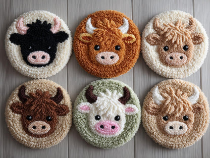 6PCS Punch Needle Coaster Kit Cute Scottland Highland Cow Easy for Beginners Stress Relief Craft Set with Hoop Yarn & Patterns DIY Embroidery Mug Rug Kit for Adults Kids Home Decor-3