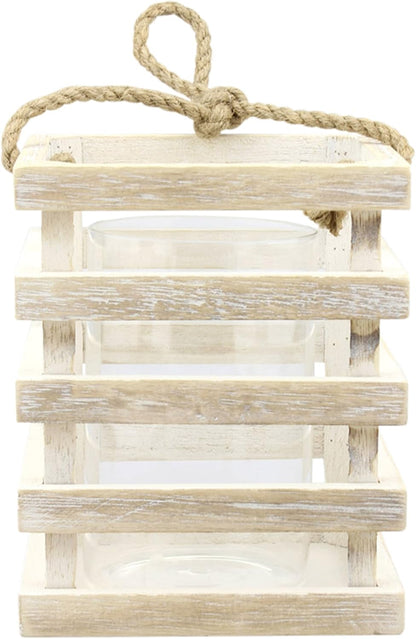 Stonebriar Small Worn White Wooden Candle Lantern with Removable Glass Cylinder Hurricane and Rope Handle