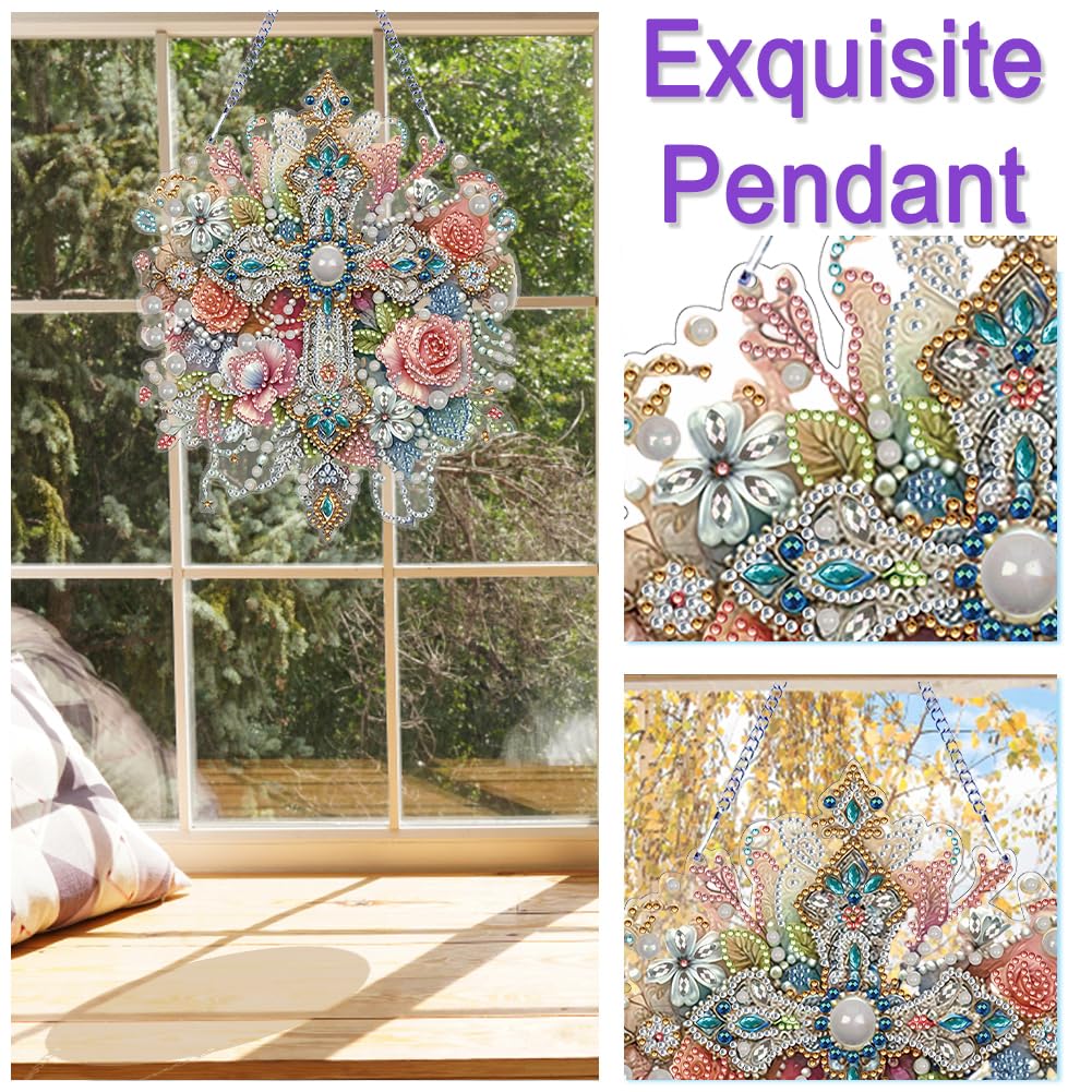 Sulunmo Diamond Art Hanging Kit, Diamonds Art Painting Pendant for Adults, DIY Gem Painting Board Kit for Window Door(Gorgeous Cross-82)
