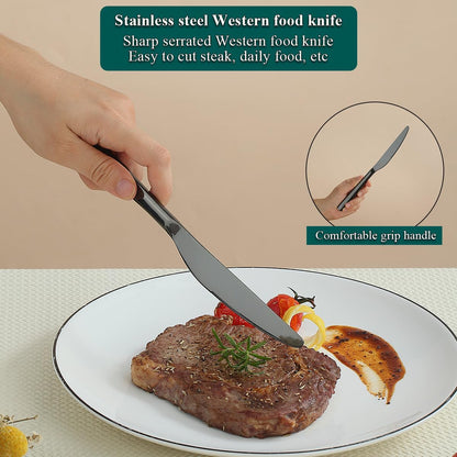 Black Dinner Knives Set, 12 Pieces, Titanium Plating Stainless Steel, Dishwasher Safe Cutlery Set