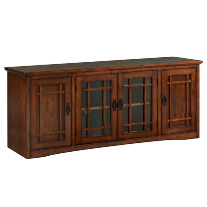 Leick Home 82360 Solid Wood Mission Oak Four Door TV Stand For 65" TVs Universal TV Console Living Room Storage Shelves Entertainment Center, Mission Oak