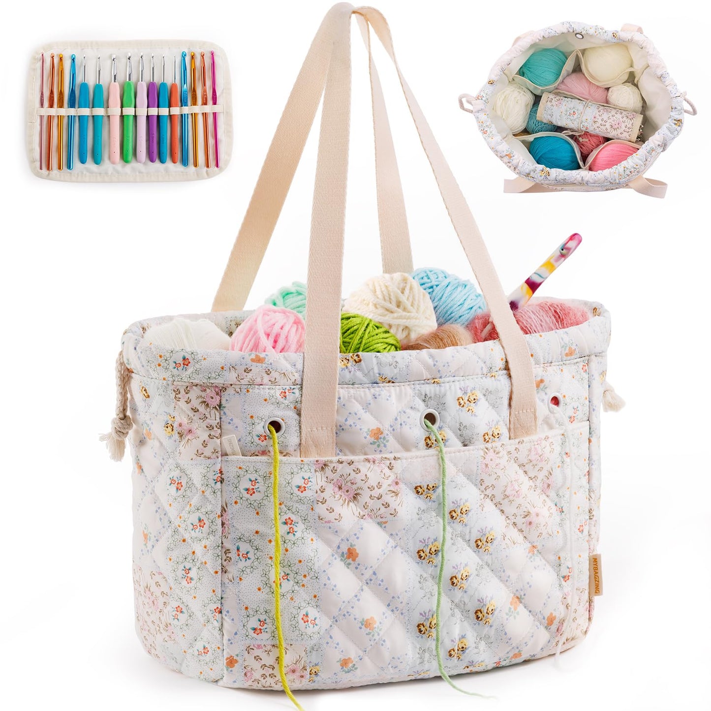 MYBAGZING Portable Crochet Bag Organizer with Crochet Hook Organizer Roll, Quilted Yarn Storage Tote with Grommets, Knitting Project Bag for Yarn & Accessories, Floral Craft Tote Gift for Crocheters