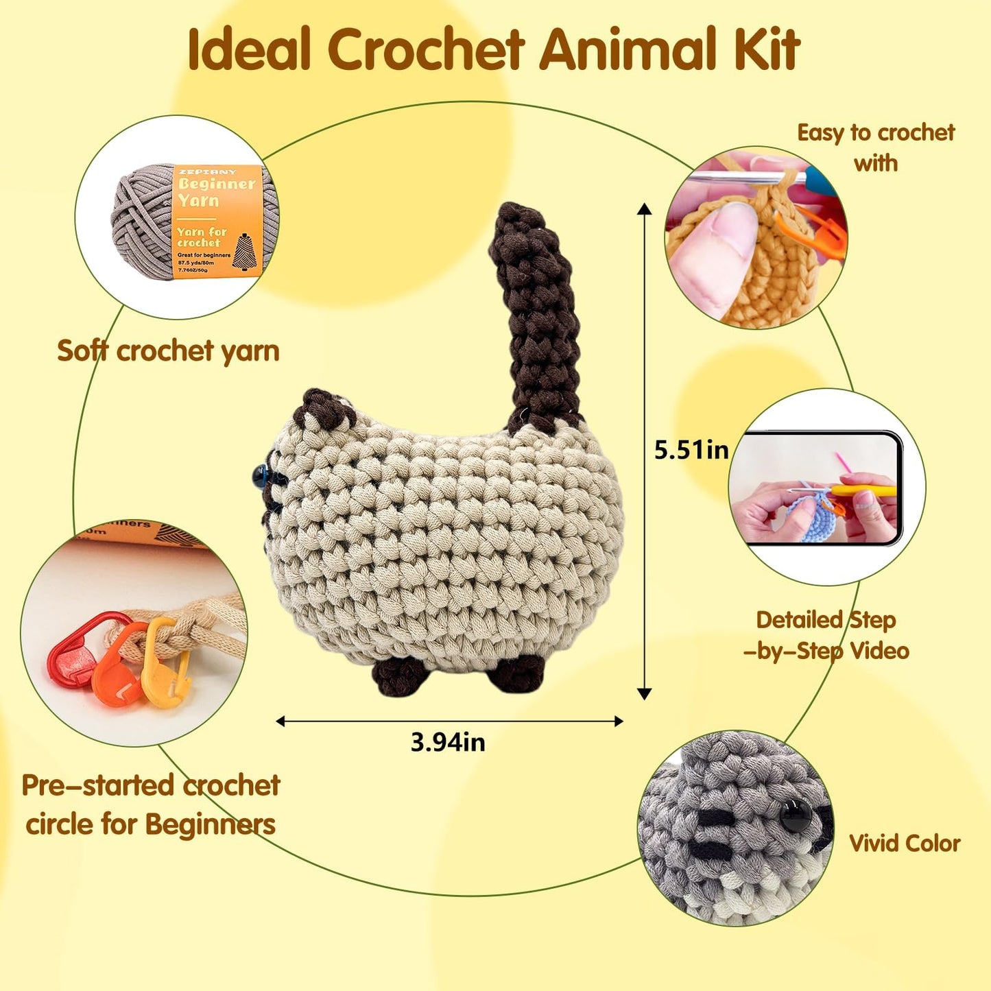 Zepiany Crochet Kit for Beginners, Crochet Cat Beginner Crochet Kit for Adults, Amigurumi Crochet Animals Cat Crafts Crochet Kits, Easy Knitting Kit Galentines Day