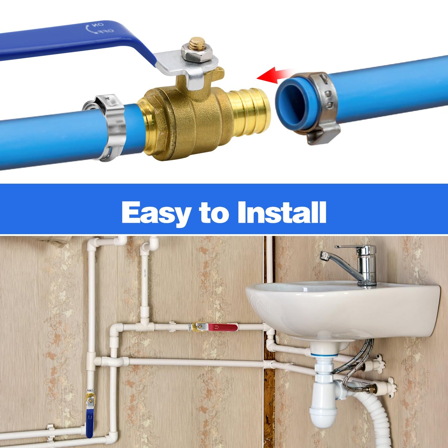 4/10/20pcs PEX Ball Valves, 3/4" PEX Brass Full Port Shut Off Ball Valve, Full Port Shut-off Ball Valve, Quarter Turn HOT (RED) COLD (BLUE) of Water Stop Shut off (3/4", 10pcs)