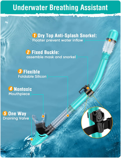 Seovediary Snorkel Set Adults Snorkeling Gear Anti-Fog Panoramic View Swim Mask Dry Top Snorkel Kit with Carry Bag for Snorkeling Scuba Diving Swimming Travel