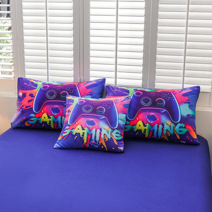 Aimuan Gaming Comforter Sets for Boys Kids Bedding Sets, Video Games Console Action Buttons, Twin 6 Pcs, Purple