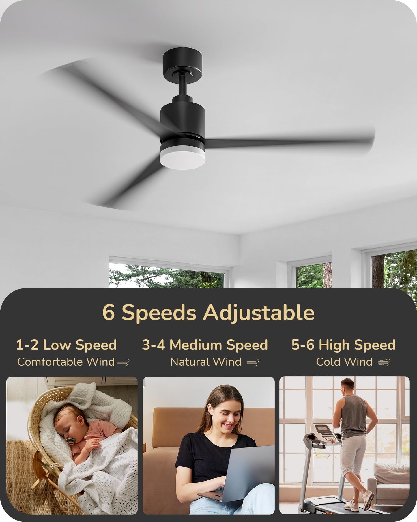 EDISHINE 52" Modern Matte Black Ceiling Fans with Lights, Noiseless, Remote Control, 3CCT Dimmable, Reversible DC Motor, 6 Speeds, Indoor Ceiling Fan for Bedroom, Living Room, Home Office