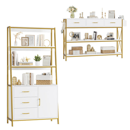 HITHOS Tall Bookshelf, Industrial Console Table with Drawers and Ladder Shelves, Free Standing Storage Cabinet Kitchen Bakers Rack with Microwave Oven Stand for Home Office, White Gold