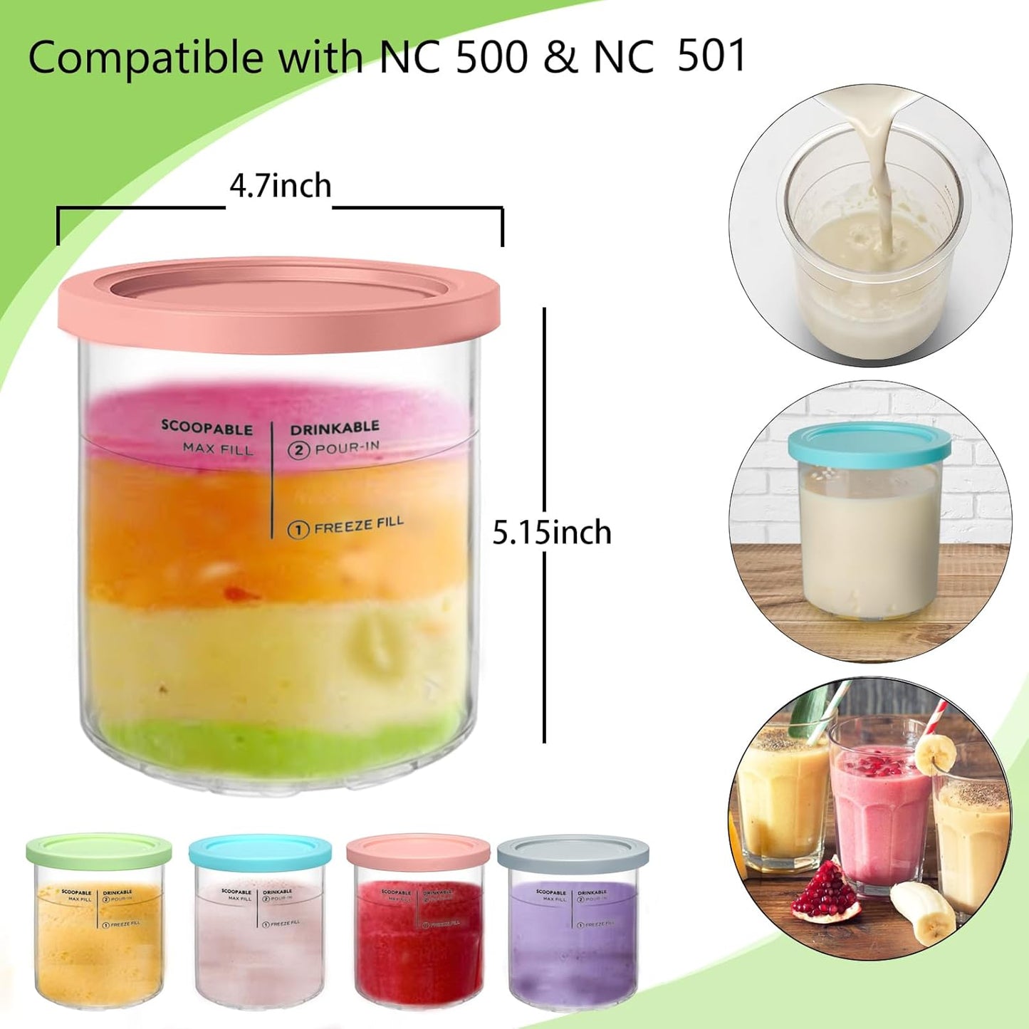 4 Pack,Compatible 11-in-1 NC501 NC500 Maker,24oz Replacement for Creami Deluxe Pints and Lids with Ninja Creami Series