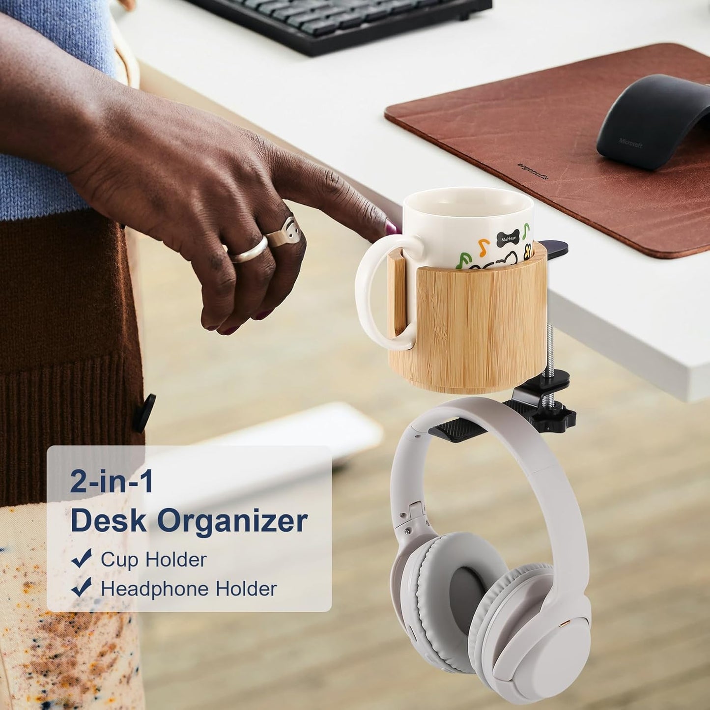 Nnewvante Desk Cup Holder, 2 in 1 360° Rotating Headphone Hanger and Anti-Spill Cup Holder for Gaming Desk