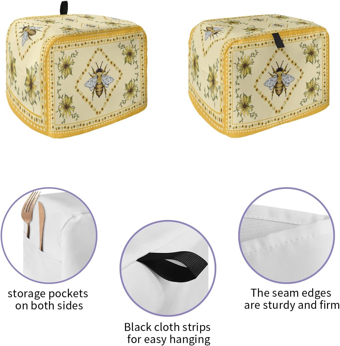 Summer Bee 4 Slice Toaster Cover, Large Kitchen Appliance Dust Protection with Rustic Sunflower Design
