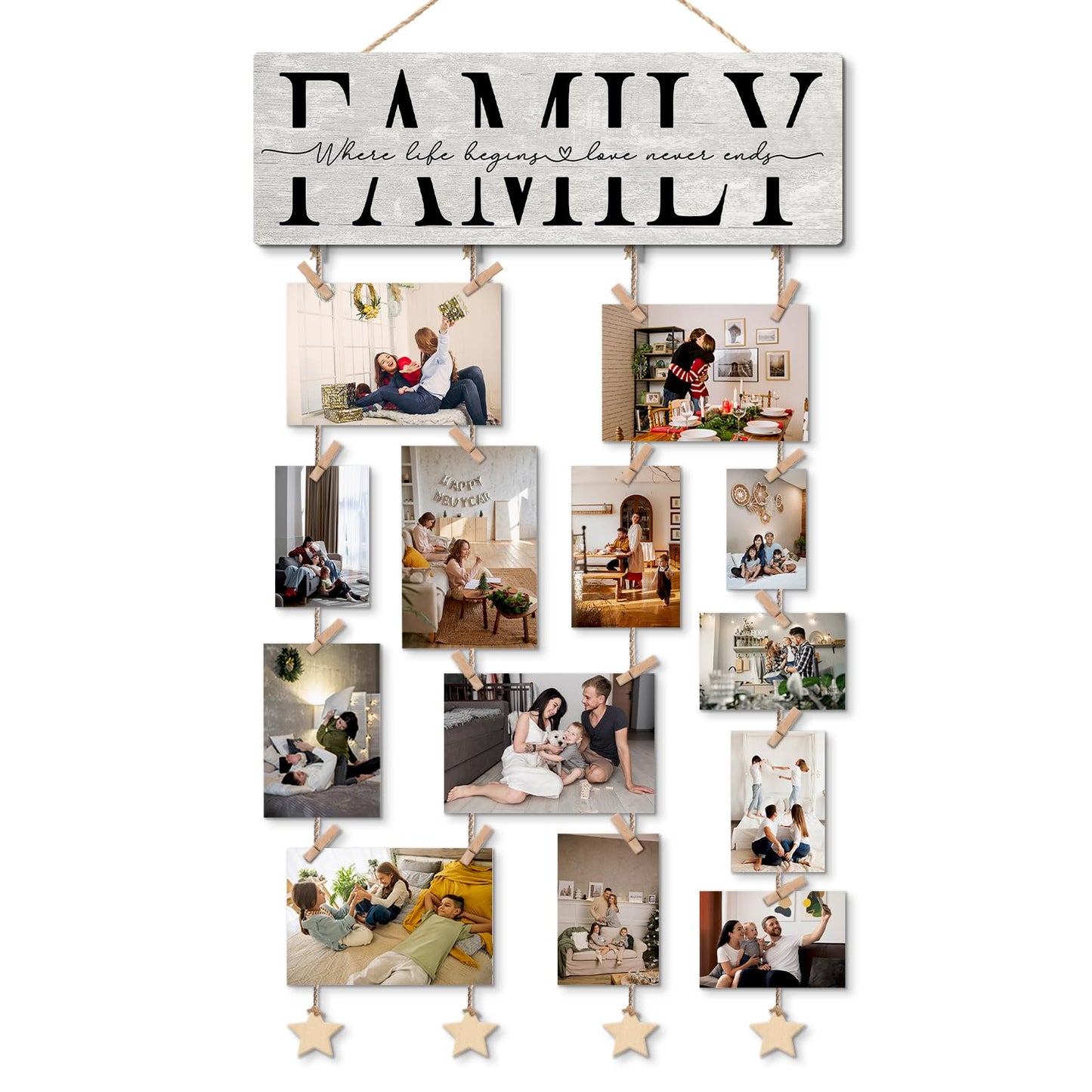 NaZaUK Family Picture Frames Collage Photo Hanging Display, Picture Board Wood Rustic Frames, Hanging Photo Display with Clips, Home Bedroom Wall Decor, Family Where Life Begins and Love Never Ends